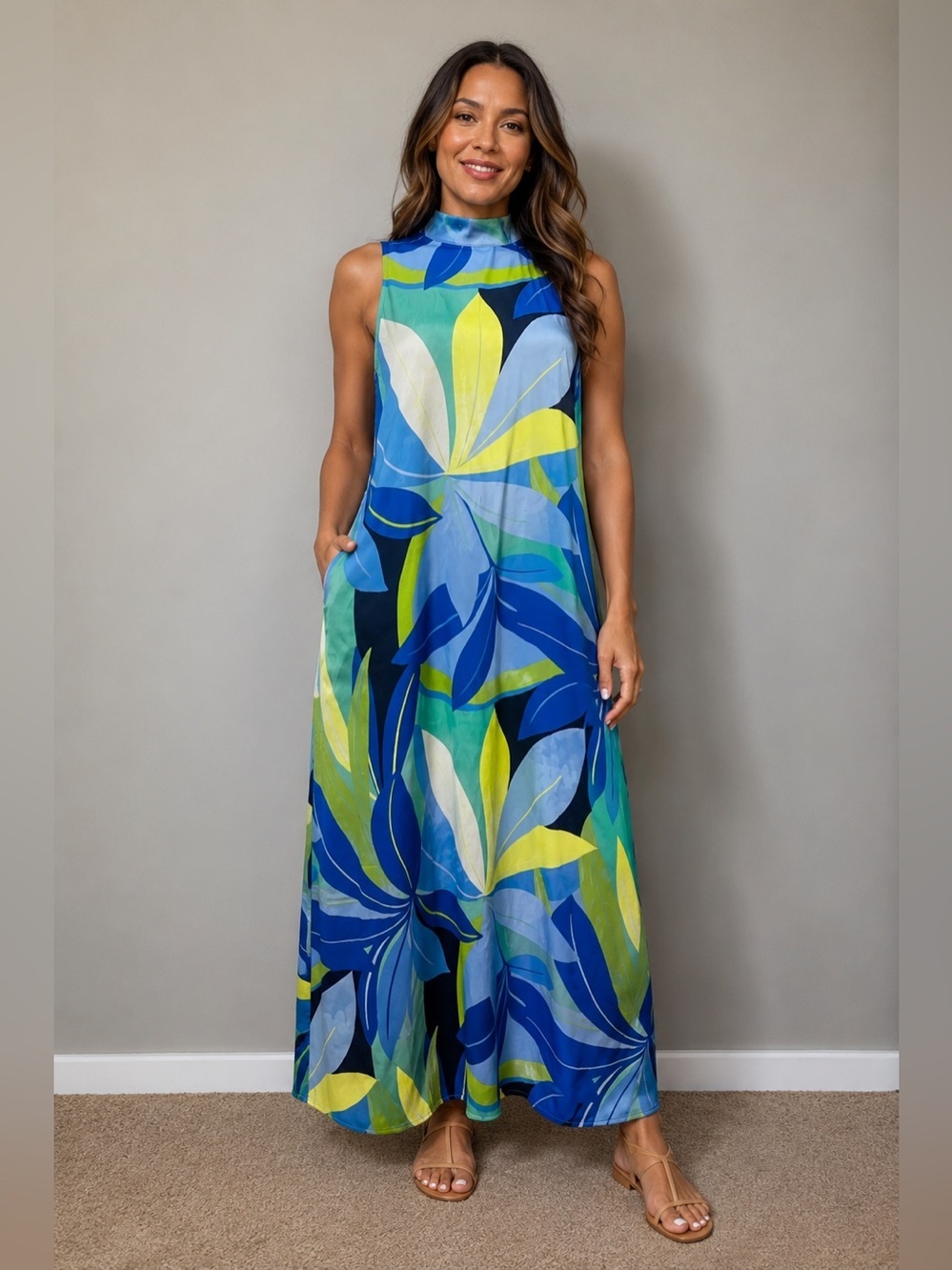 NICOLE MILLER Blue Green Floral Sleeveless Maxi Dress Built In Lining Pockets L